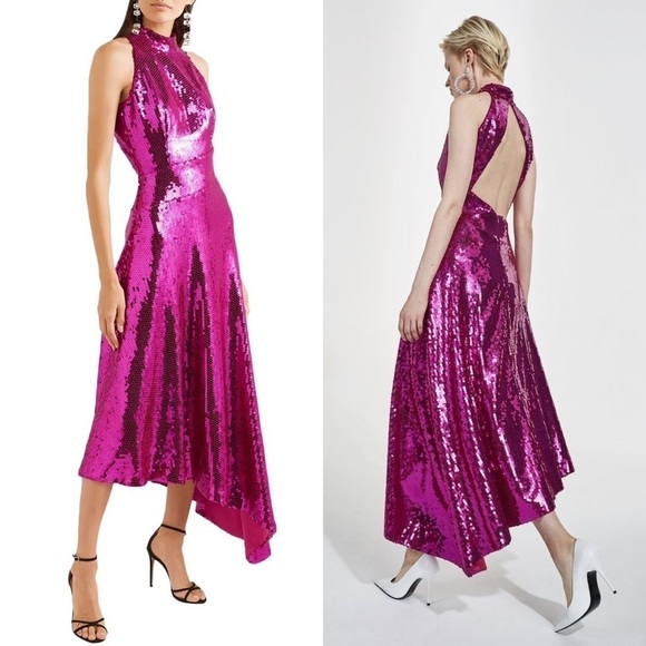 Rasario Dress Asymmetric Sequined Midi Cutout Open-Back Black-Tie Magenta 4 GUC - Picture 1 of 15